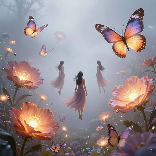 Fantastical digital artwork: Three ethereal women in flowing dresses, surrounded by glowing pink flowers and vibrant butterflies, float in a misty, magical
