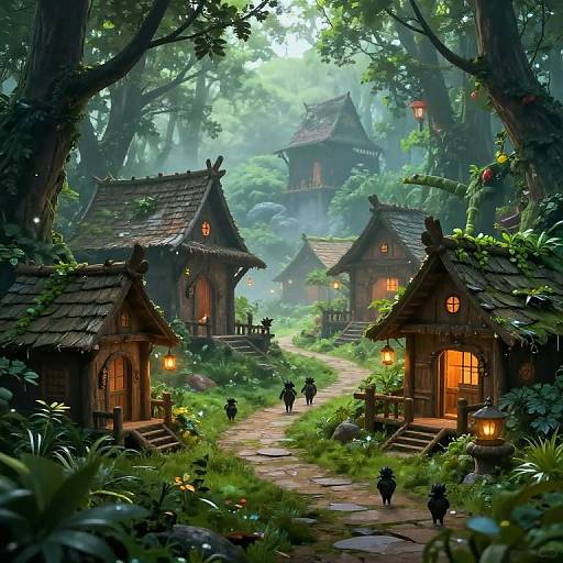 Whimsical digital painting of a fairy-tale forest village with wooden houses, glowing windows, lanterns, and small figures walking along a misty