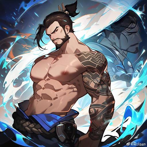 Illustration of Hanzo (overwatch), overwatch in the style of Ribiadan