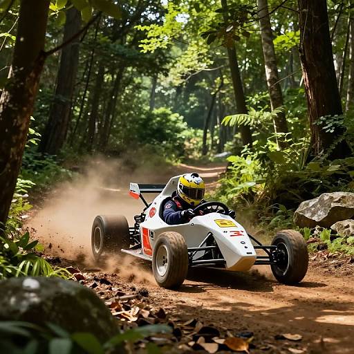 Photograph of a white, open-wheel race car with a driver in a yellow helmet speeding on a dirt forest trail, kicking up dust, surrounded by
