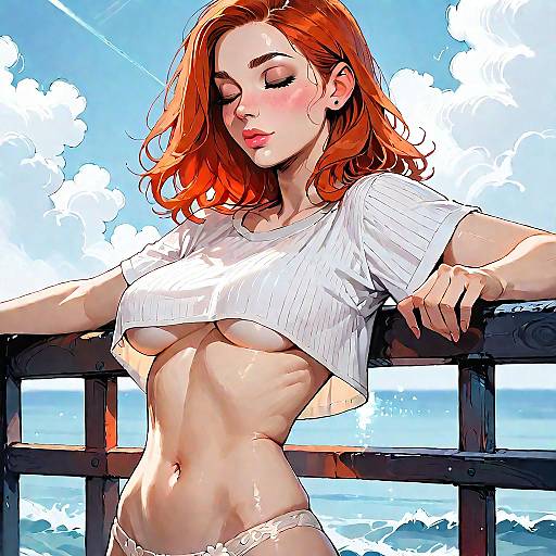 Redhead Woman in Crop Top and Bikini Bottoms on Terrace