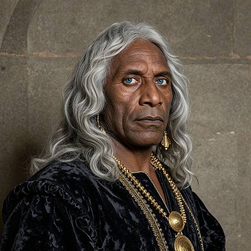 Photograph of an elderly African man with long, wavy white hair, wearing a black velvet robe and gold jewelry, against a stone background. Serious
