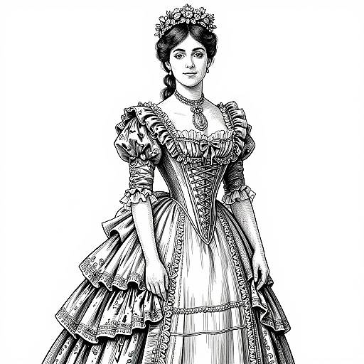 Black-and-white digital illustration of a Victorian woman wearing an ornate, frilled dress with intricate lace, a tiara, and a high-neck ch