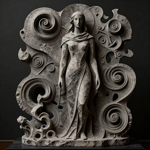 Photograph of a detailed, monochromatic, stone sculpture depicting a serene, robed woman with a halo, surrounded by swirling, cloud-like patterns