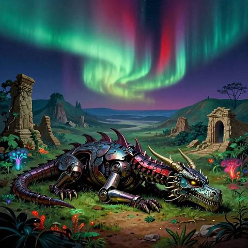 Digital fantasy artwork of a glowing, mechanical dragon with neon accents lying in a vibrant, ruined landscape under a vivid aurora borealis.