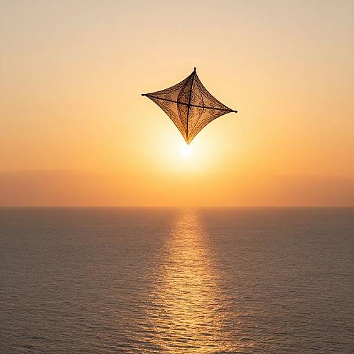 Photograph of a diamond-shaped fishing net silhouette against a golden-orange sunset, with the sun reflected on a calm ocean surface.