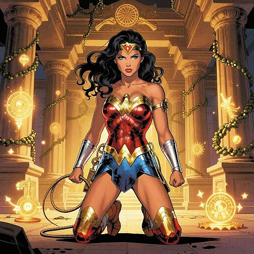 Digital comic art of Wonder Woman kneeling, wearing red and blue costume, golden armor, holding lasso, in fiery, ornate temple.