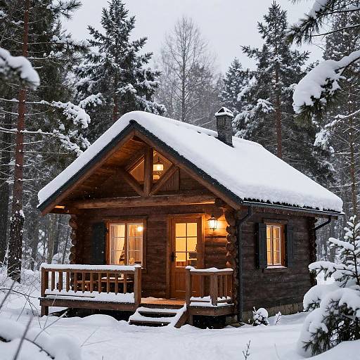 Cozy Snowy Cabin in Winter Forest