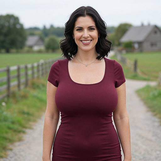 Photograph of a smiling middle-aged woman with black wavy hair, large breasts, wearing a maroon t-shirt, standing on a gravel path in