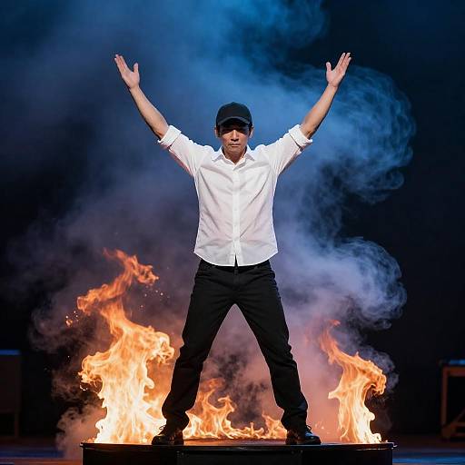 Man Standing on Flaming Platform with Arms Raised