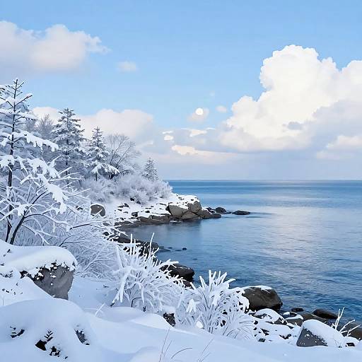 Photograph of a snowy coastal landscape with frost-covered trees, rocky shoreline, and calm blue sea under a bright blue sky.