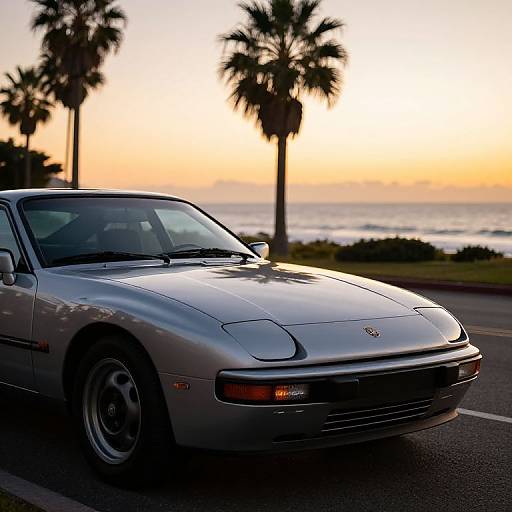 Photograph of a silver Porsche 928 at sunset, with palm trees and ocean in the background, parked on a coastal road.