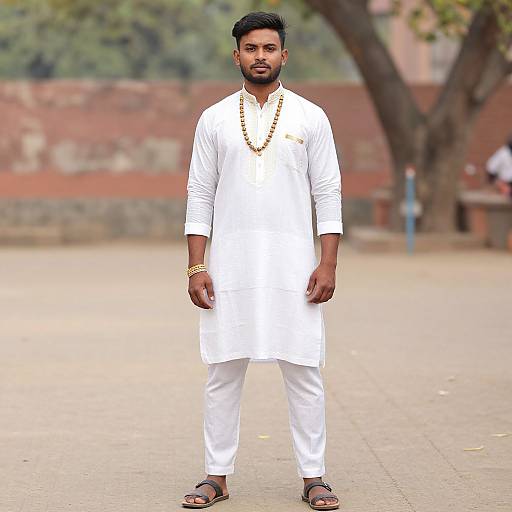 Photograph of a handsome, bearded Indian man in white kurta-pajama, gold necklace, bracelet, and sandals, standing confidently on a
