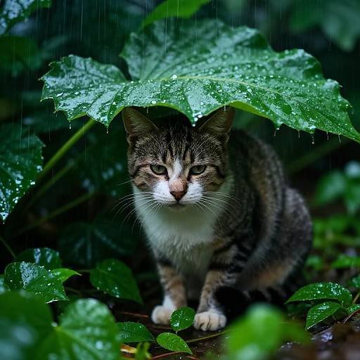 Photograph of a tabby cat with white chest, sitting under a large, wet green leaf in a rainy garden, surrounded by lush, rain-so