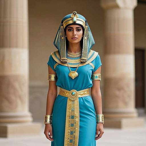 Photograph of an Egyptian woman in a blue dress with gold trim, striped headdress, and jewelry, standing in front of ancient columns.