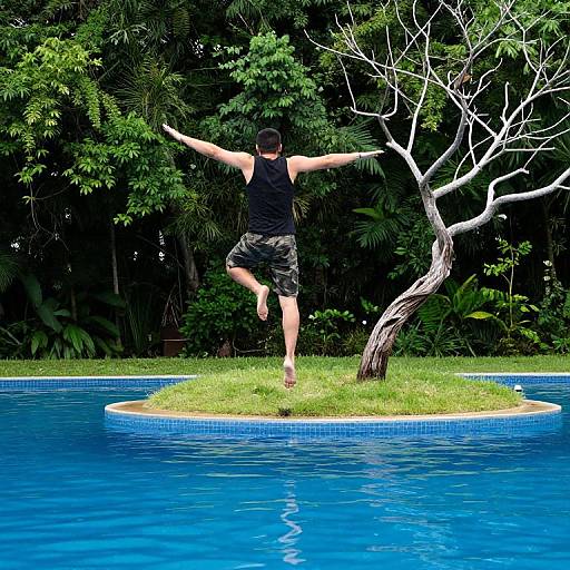 Man in black tank top and camouflage shorts jumps mid-air over small island with tree in vibrant blue pool, surrounded by dense green foliage. Photographic image