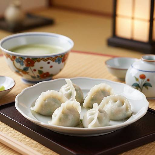 Photograph of five steamed dumplings on a white plate, with a floral-patterned bowl of green soup in the background, on a traditional Japanese