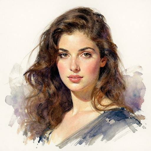 Digital painting of a young woman with long, wavy brown hair, fair skin, and soft pink lips, wearing a blue top, against a white