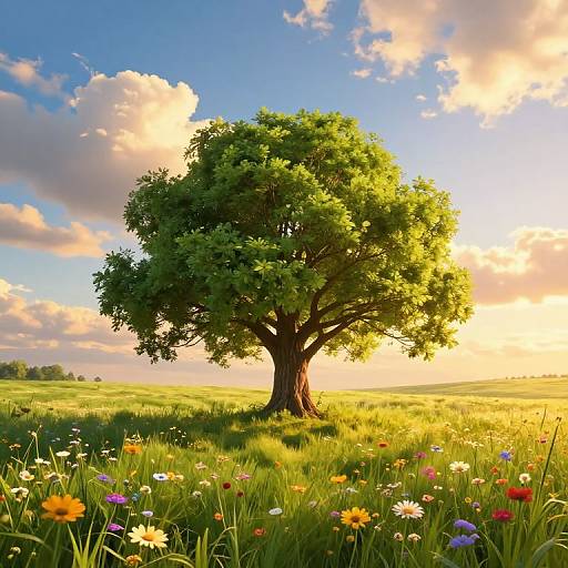 Golden-Hour Meadow with Majestic Tree