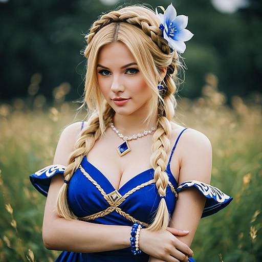 Woman in Blue Genshin Impact Costume with Braided Blonde Hair
