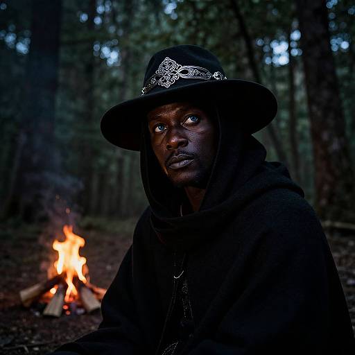 Photograph of a dark-skinned man with intense blue eyes, wearing a black hat and hooded cloak, sitting by a campfire in a dim