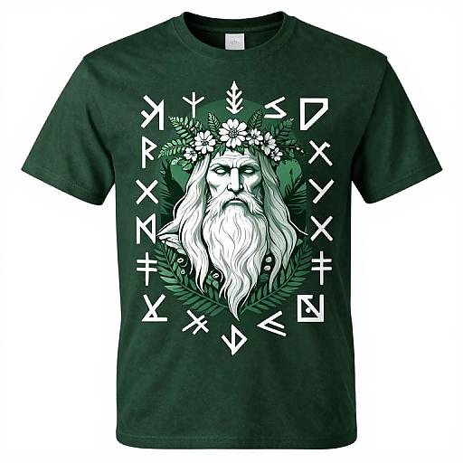 Black t-shirt with white Norse runes, intricate green and white bearded face with flowers, and lush foliage design.
