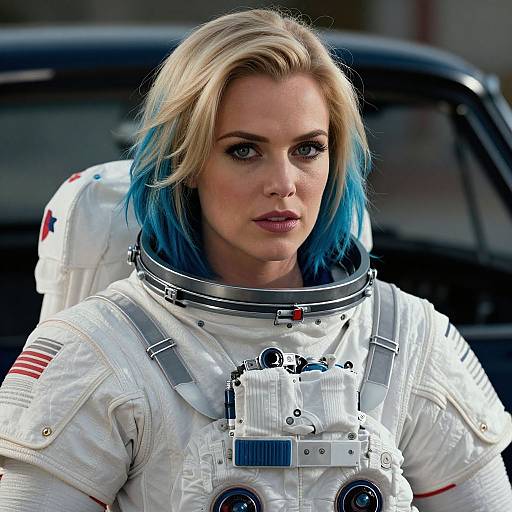 Photograph of a blonde woman with blue hair in a white astronaut suit with an American flag patch, wearing a helmet with a visor. Background includes