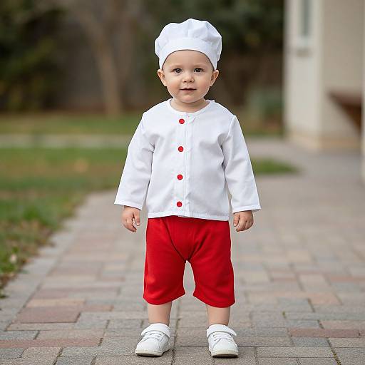 Photograph of a smiling baby in a white chef's hat, white shirt with red buttons, red pants, and white shoes, standing on a brick