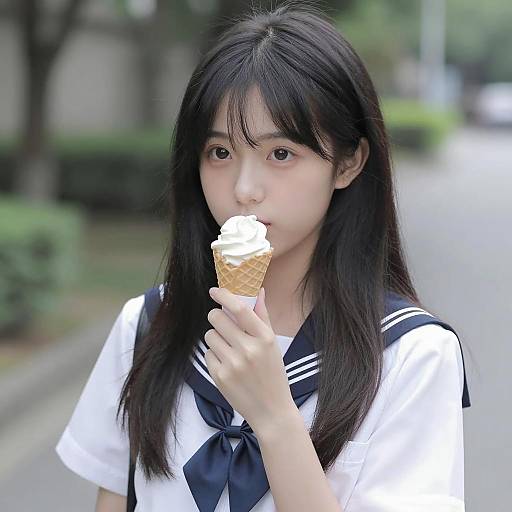 Asian Student Enjoying Ice Cream Outdoors