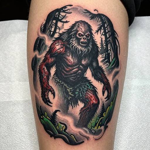 Tattoo of a muscular, black-furred, skeletal ape with red accents, wearing a green loincloth, emerging from a dark, forest