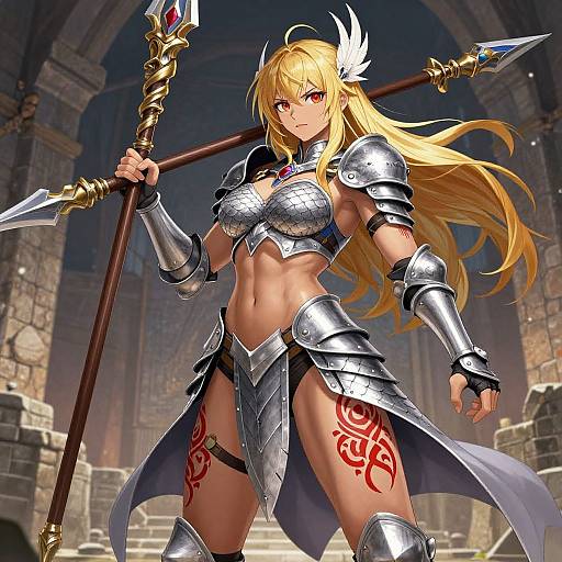 Digital anime-style artwork of a blonde, muscular female warrior with red eyes, wearing silver armor, holding a spear, with red tattoos on her thighs,