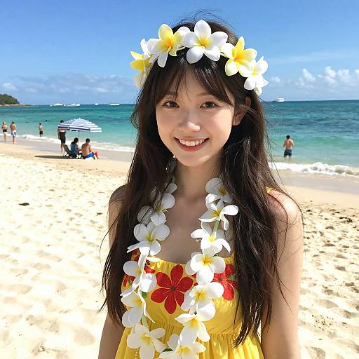 Photograph of a smiling Asian woman with long black hair, wearing a yellow dress with red flowers and a white plumeria flower headpiece and necklace