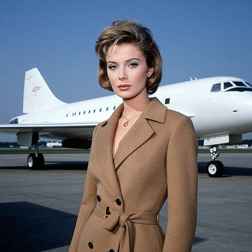 Photograph of a woman with short brown hair, wearing a brown tweed blazer, standing in front of a white airplane on a clear day.