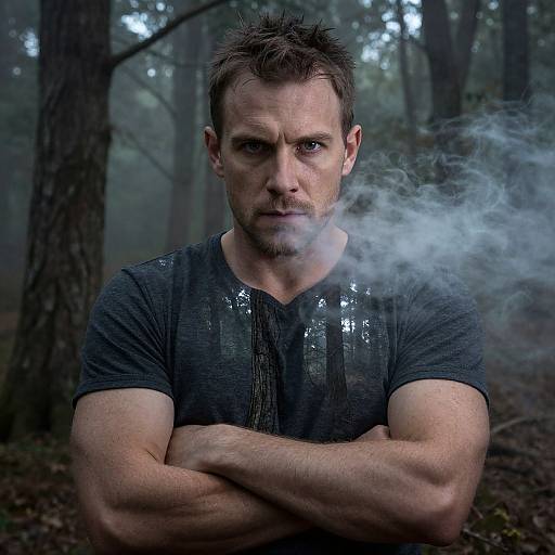 Photograph of a muscular man with short brown hair and blue eyes, wearing a sequined black shirt, standing in a misty forest with arms crossed