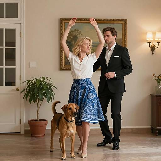 Couple Dancing with Dog Indoors