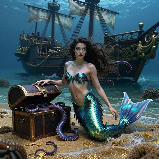 Digital artwork of a shimmering green-blue mermaid with long black hair, sitting on a sandy beach, beside an open treasure chest, with a ship
