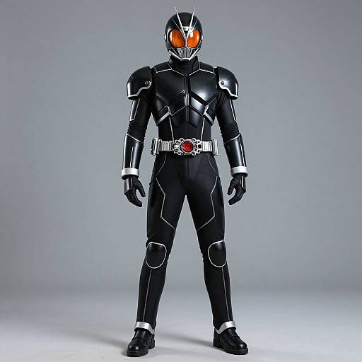 Photograph of a Kamen Rider figure in a sleek black suit with white accents, red-orange visor, and silver belt buckle.
