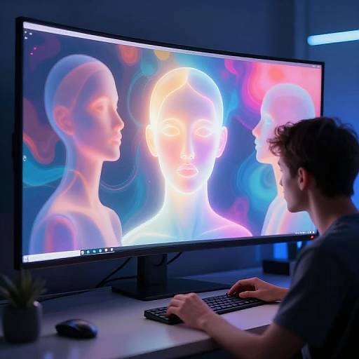 Photograph of a man with curly hair working on a computer, displaying a vivid, colorful digital art of three glowing, semi-transparent silhouettes on