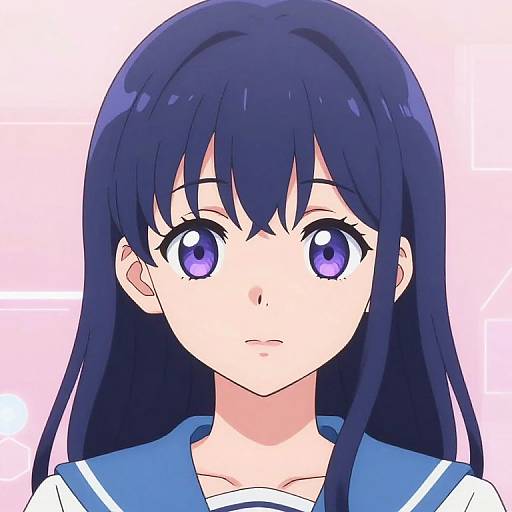 Anime-style digital drawing of a young girl with long blue hair, large purple eyes, and a blue sailor school uniform. She has a neutral expression against