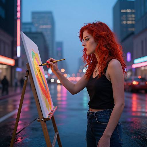 Photograph of a red-haired woman painting on an easel in a rainy, neon-lit city street at dusk. She wears a black tank top