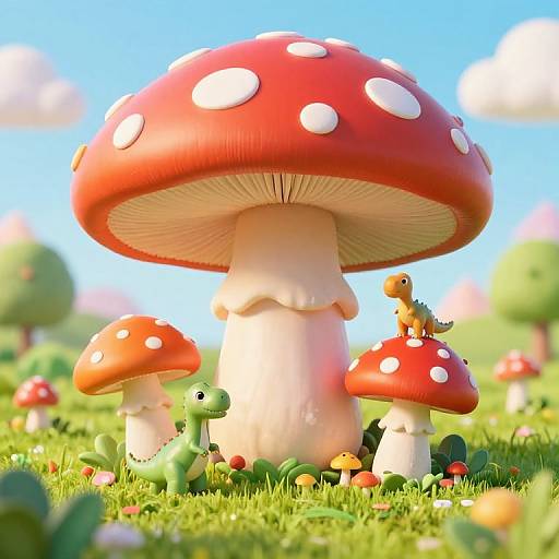 Whimsical CGI scene of colorful, cartoonish mushrooms with red tops and white spots, surrounded by tiny, cute, fantasy creatures in a bright,