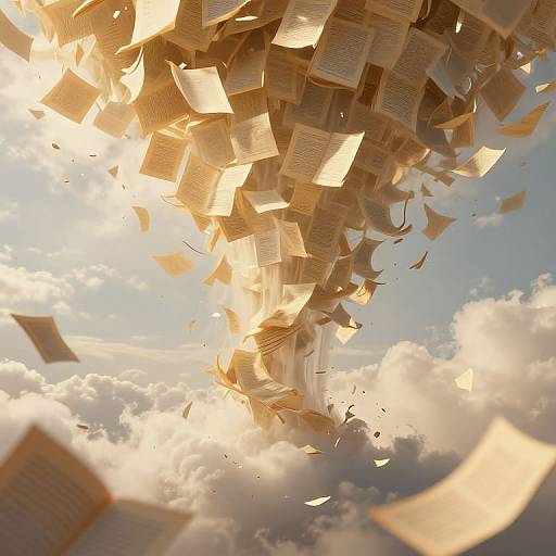 Photograph-like CGI: Golden, sunlit papers float upward against a bright blue sky with fluffy clouds, creating a dynamic, dreamy effect.