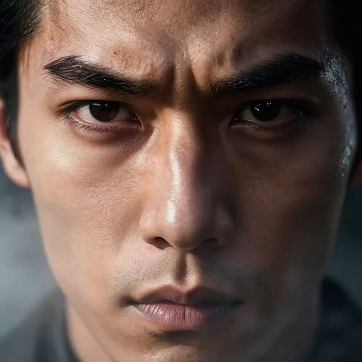 Close-up photograph of a serious-faced Asian man with dark hair, thick eyebrows, and intense brown eyes, partially shadowed, highlighting his concentrated expression.