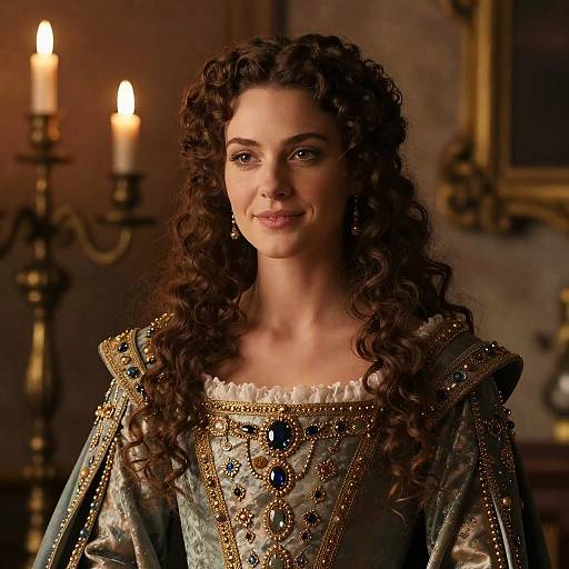 Photograph of a woman with curly brown hair, wearing an ornate, medieval-style gown with gold and blue embroidery, standing in a dimly lit