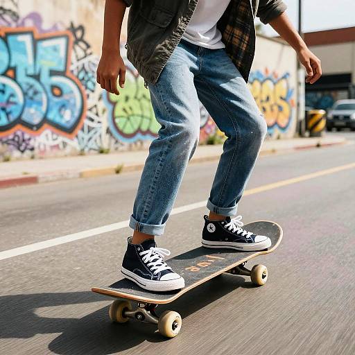 Photograph of a person skating on a street, wearing blue jeans, black and white sneakers, and a plaid shirt, with colorful graffiti in the