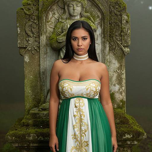 Photograph of an Indian woman with long black hair, wearing a strapless green and white dress, standing in front of a moss-covered stone statue of