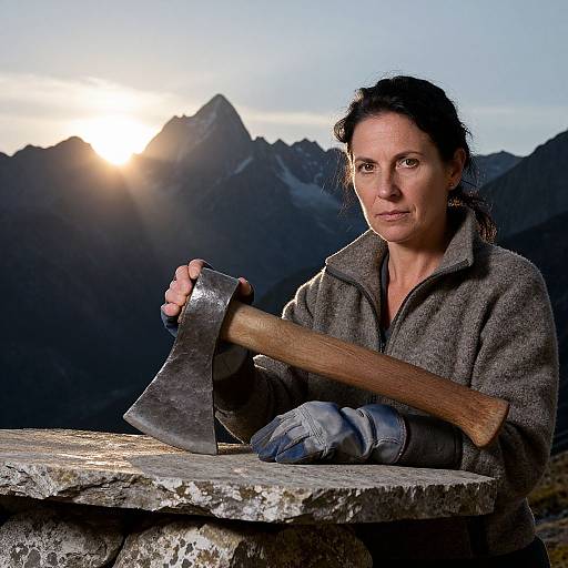 Stoic Woman with Hammered Hatchet at Sunset