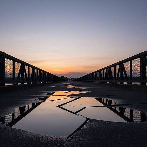 Photograph of a sunset bridge with reflective puddles on the road, silhouetted metal railings, and a gradient sky from orange to blue