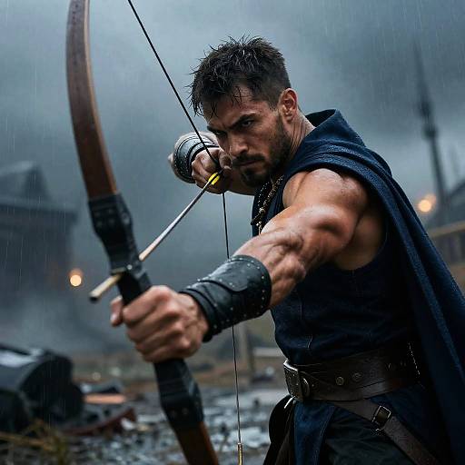 Muscular Archer in Rainy Battlefield