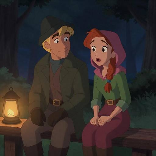 Animated Couple Sitting on Bench at Night